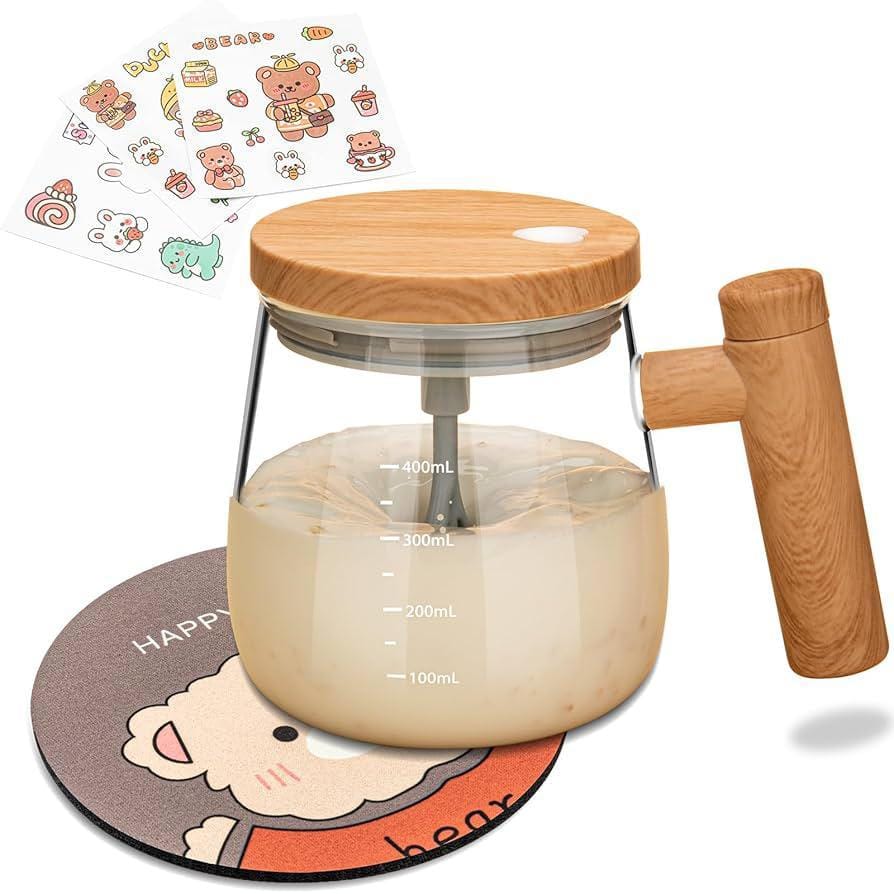 Electric Auto-Stirring Glass Mug | Wooden Handle | USB Rechargeable | For Coffee, Milk & More