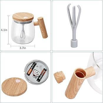 Electric Auto-Stirring Glass Mug | Wooden Handle | USB Rechargeable | For Coffee, Milk & More