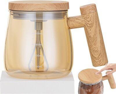 Electric Auto-Stirring Glass Mug | Wooden Handle | USB Rechargeable | For Coffee, Milk & More