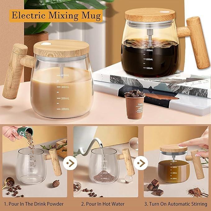 Electric Auto-Stirring Glass Mug | Wooden Handle | USB Rechargeable | For Coffee, Milk & More
