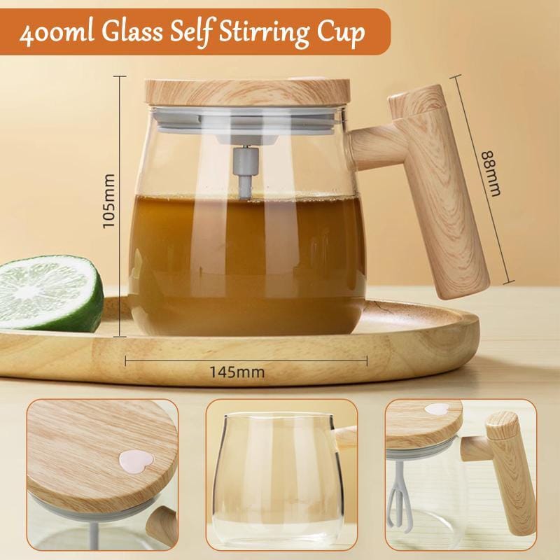 Electric Auto-Stirring Glass Mug | Wooden Handle | USB Rechargeable | For Coffee, Milk & More